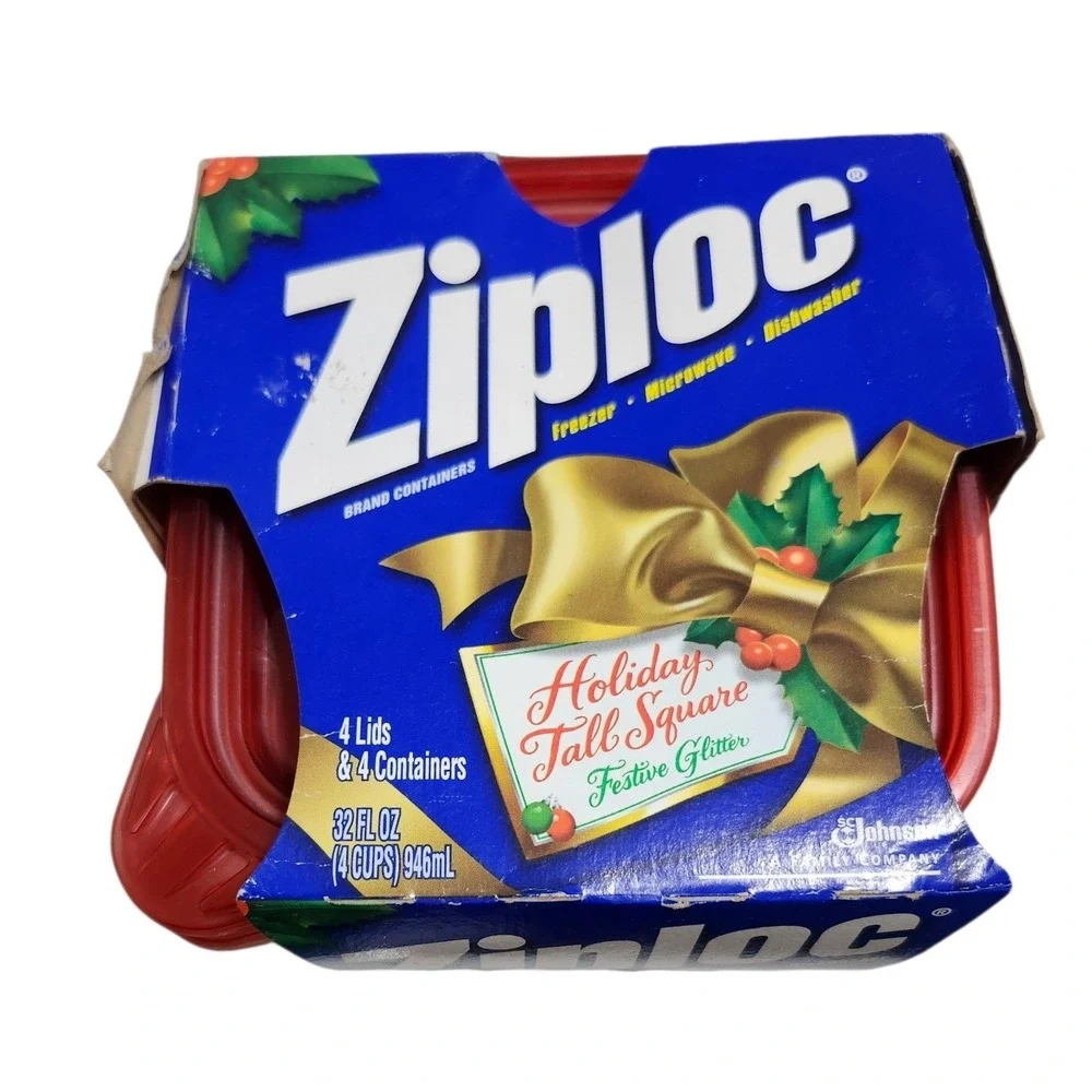 Vintage 2001‎ Ziploc Holiday Tall Square Festive Glitter Red Containers 4ct 32oz